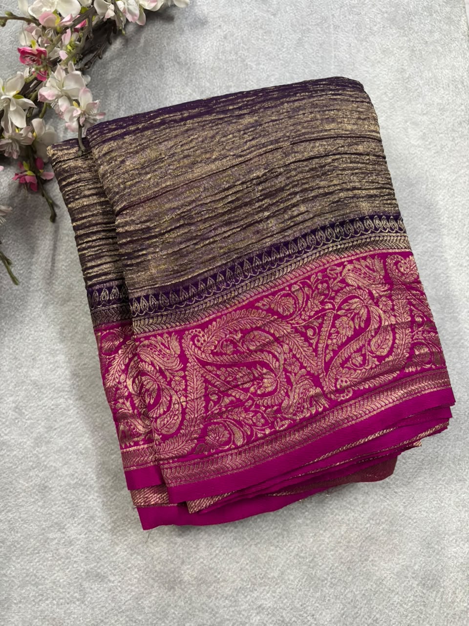 Purple n pink crush tissue saree