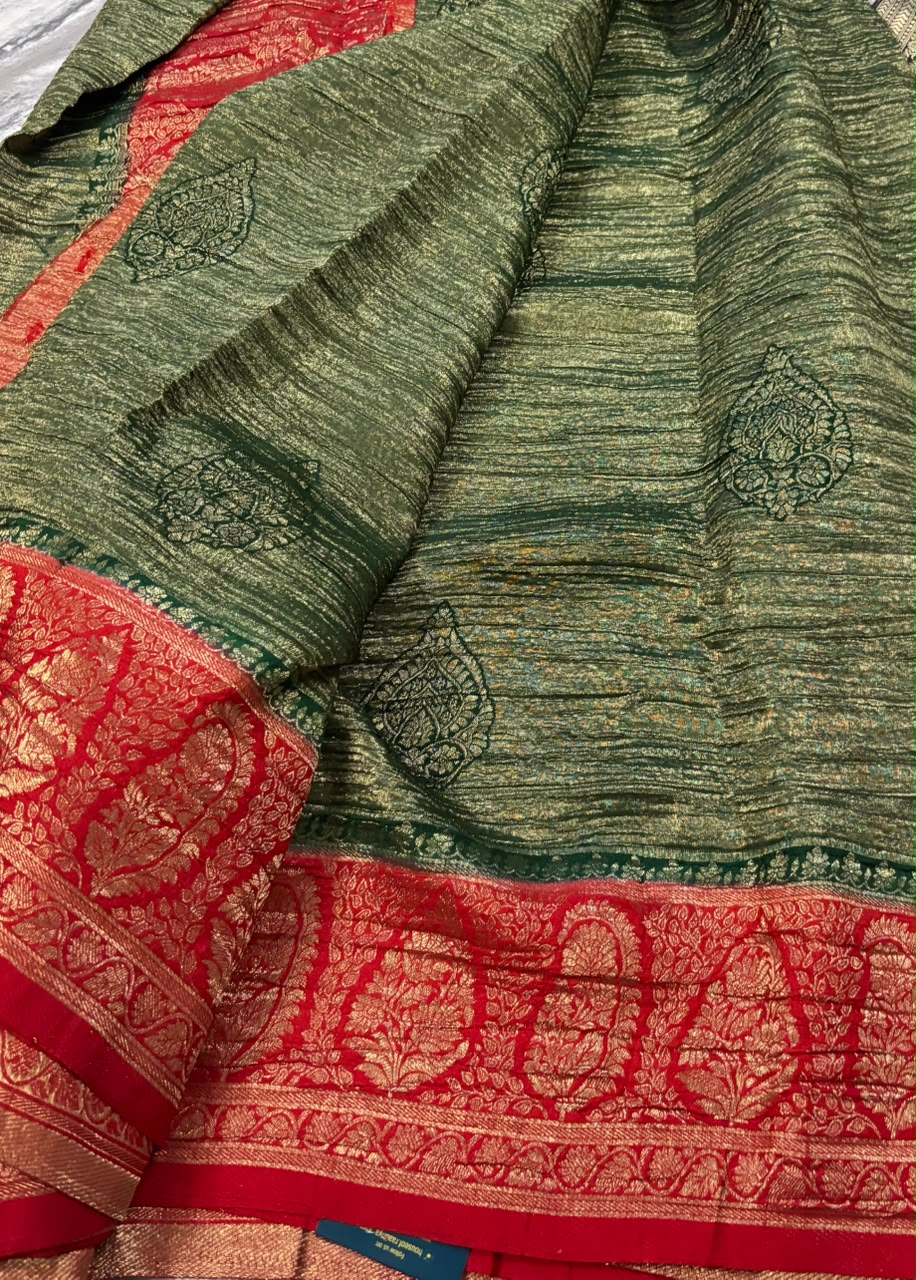 Green n red crush tissue saree