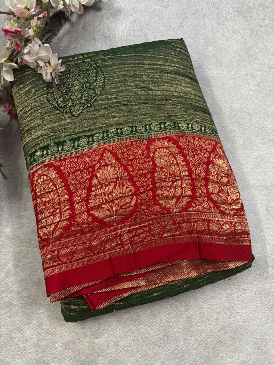 Green n red crush tissue saree