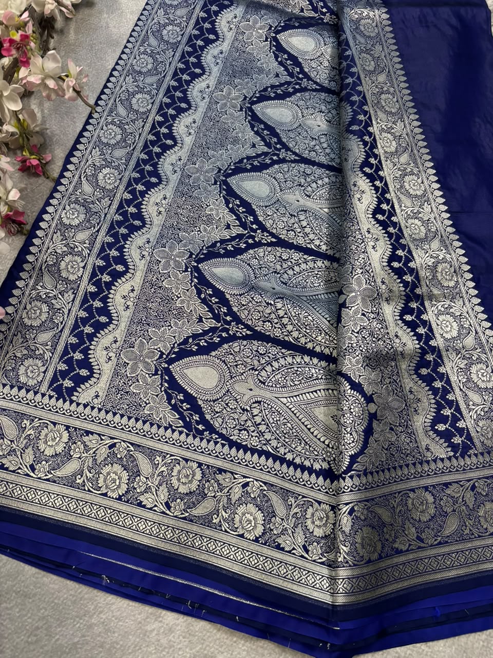 Navy blue n silver kathan silk saree
