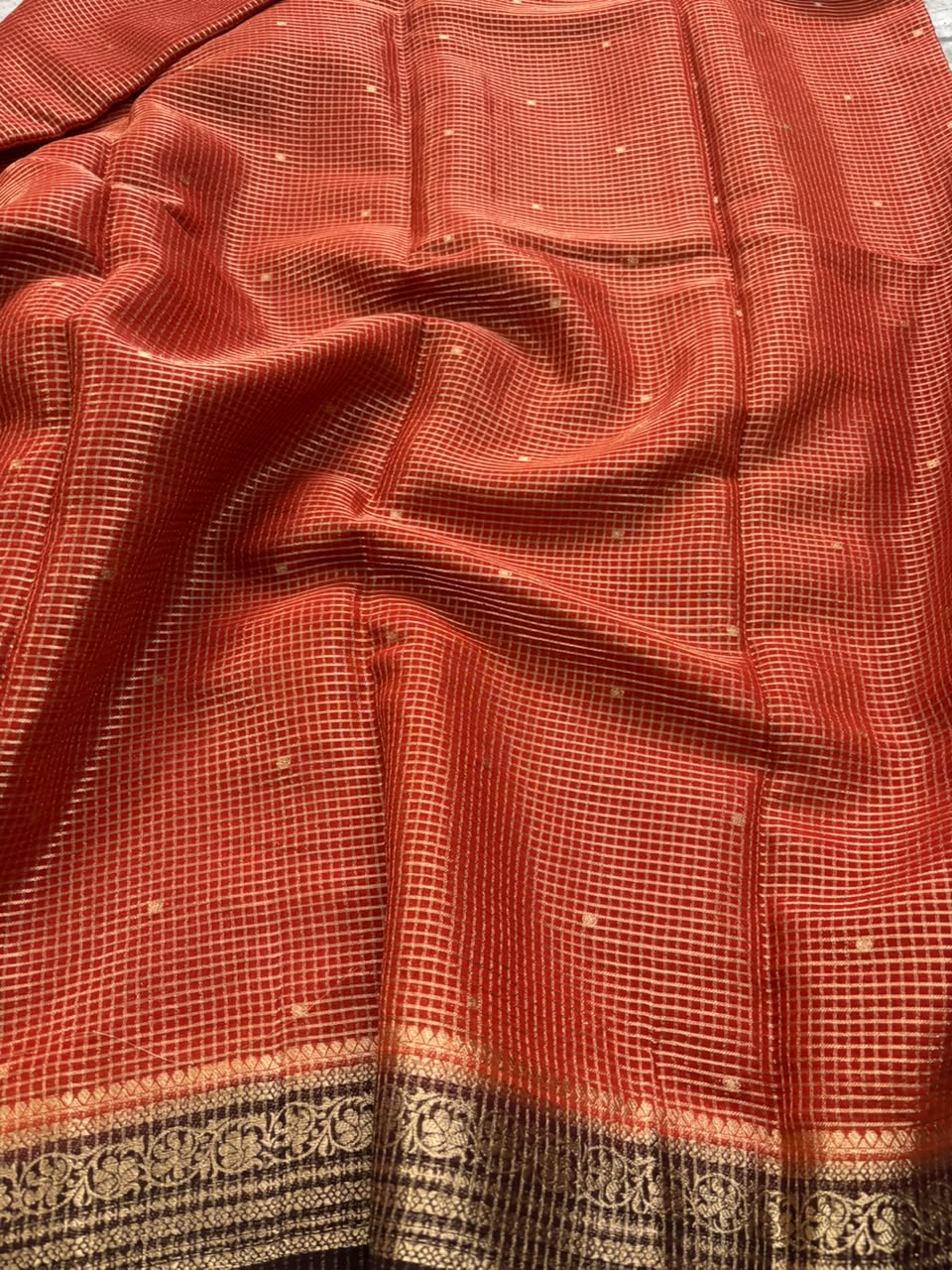 Rust brown checks crepe saree