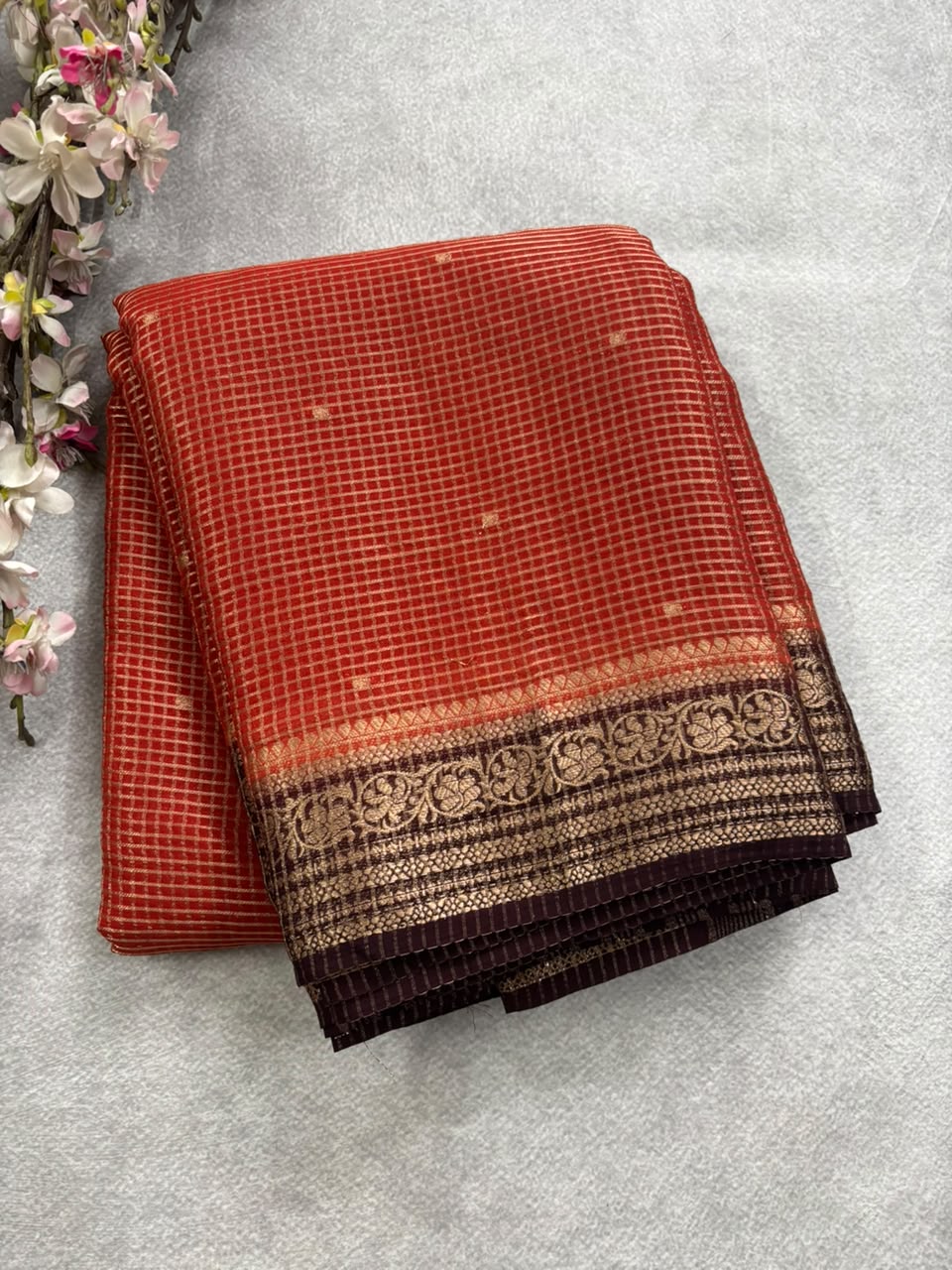 Rust brown checks crepe saree