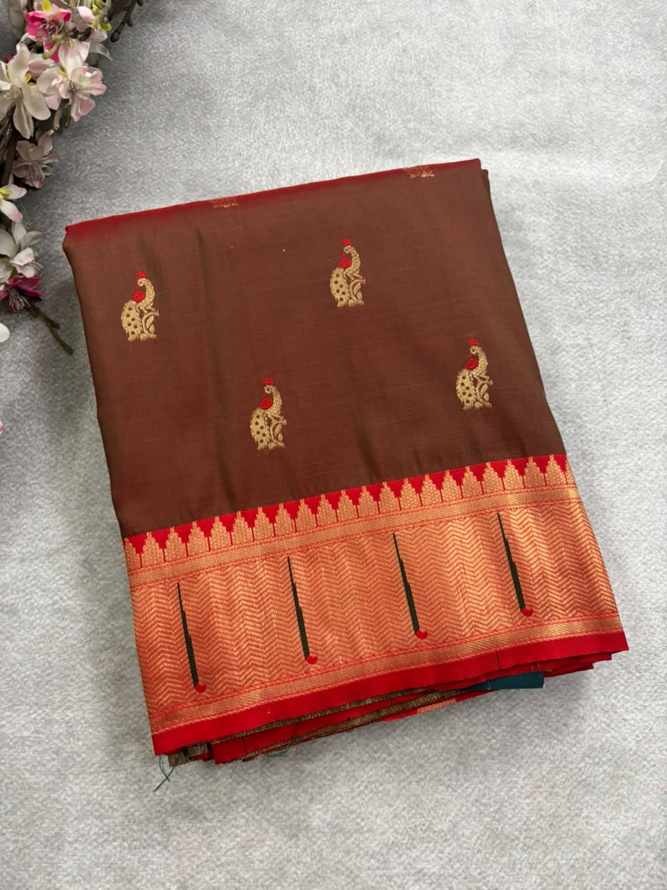 Brown n red paithani crepe saree