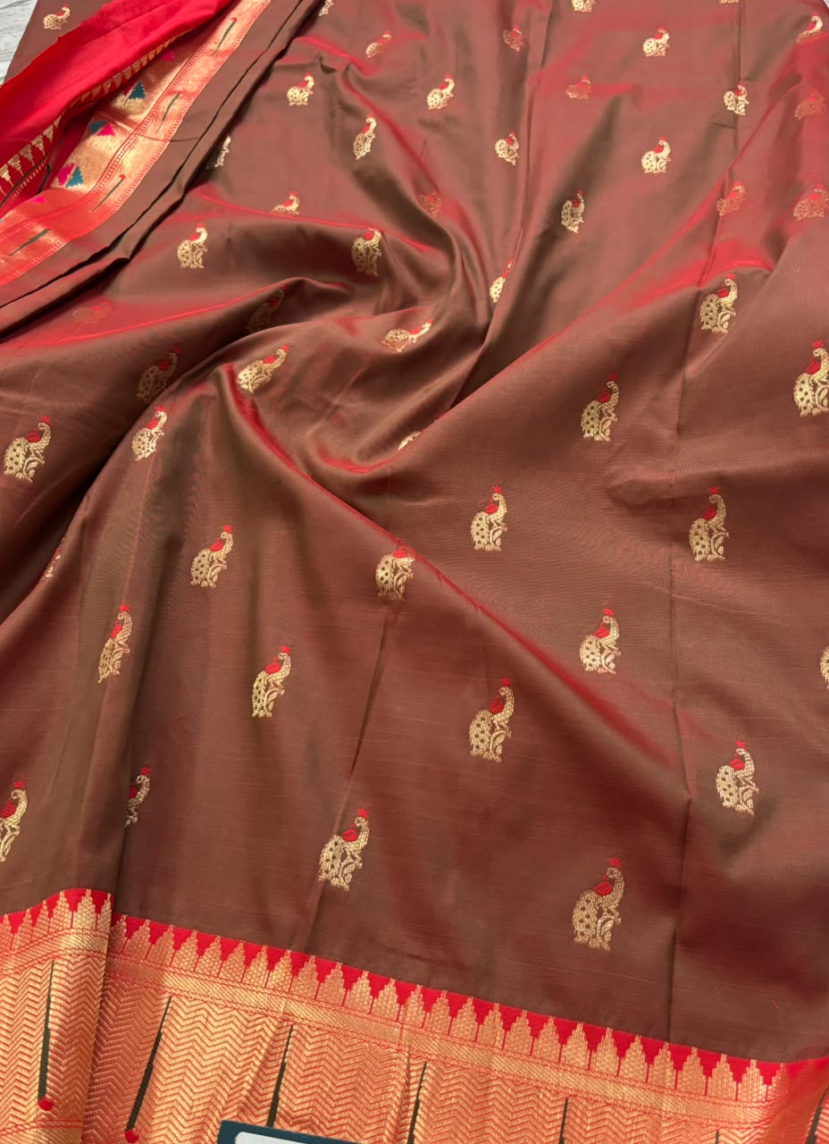 Brown n red paithani crepe saree