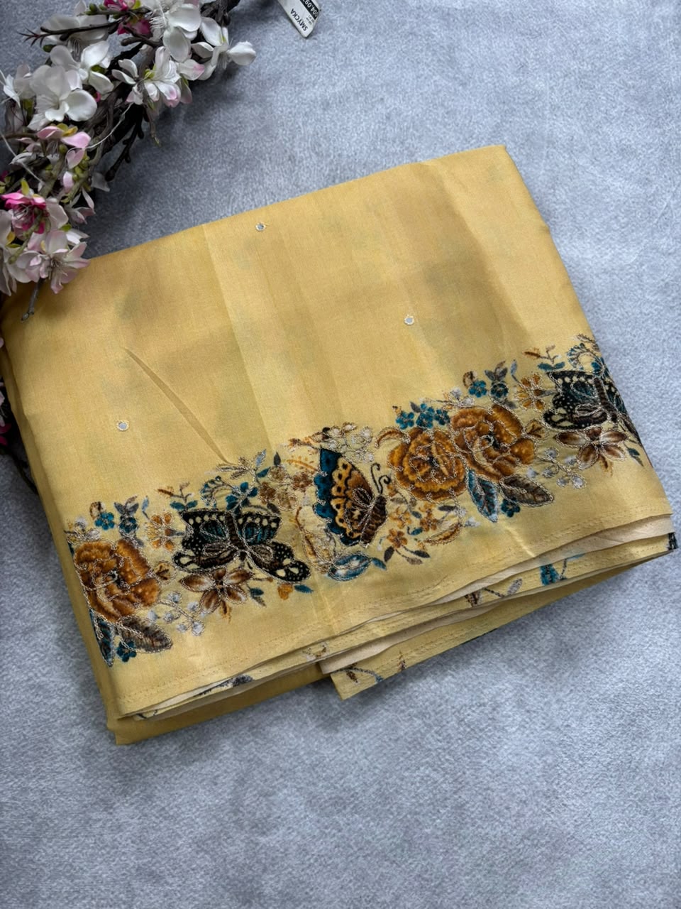 Yellow crepe saree