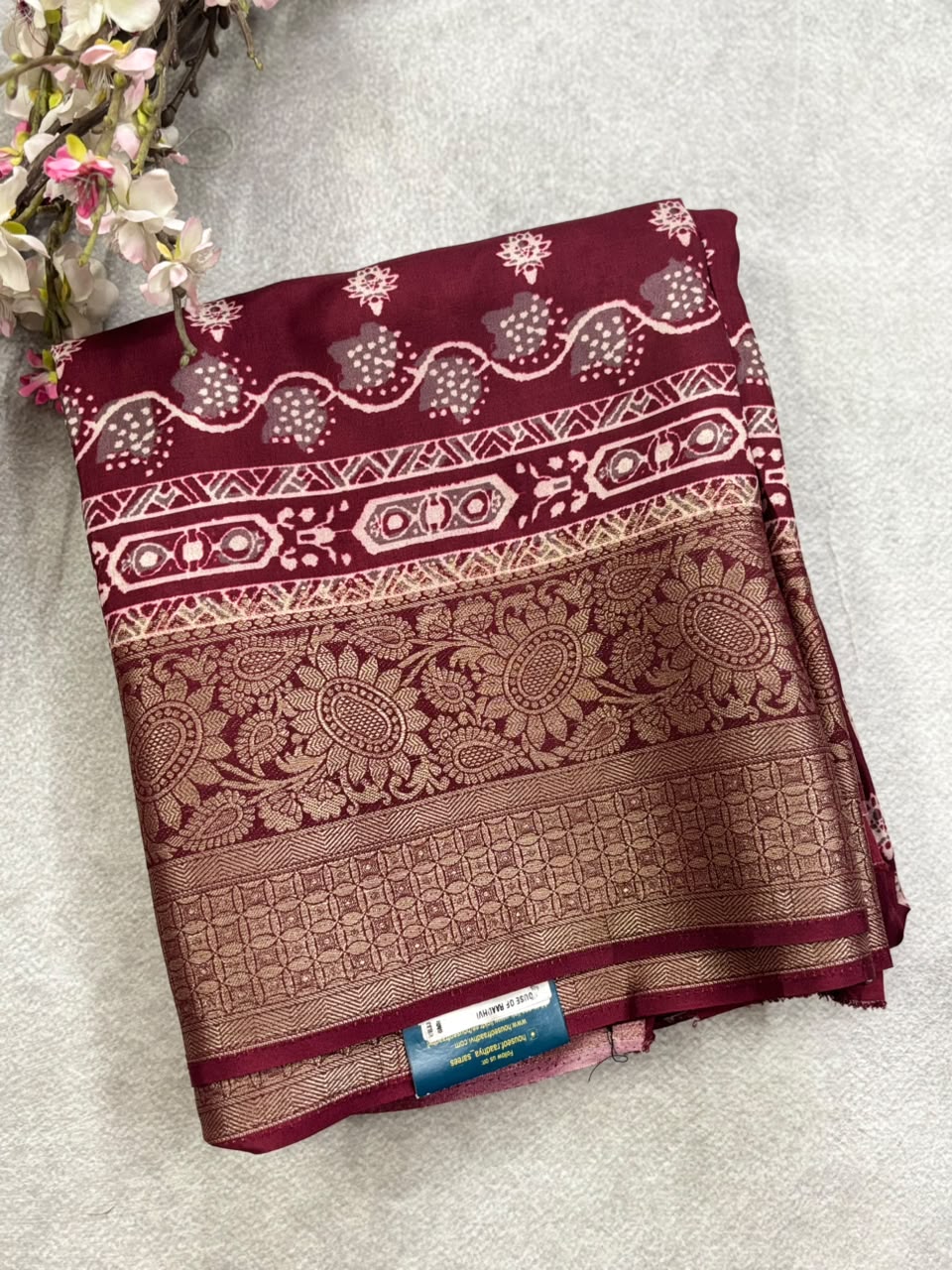 Maroon n white digital print crepe saree