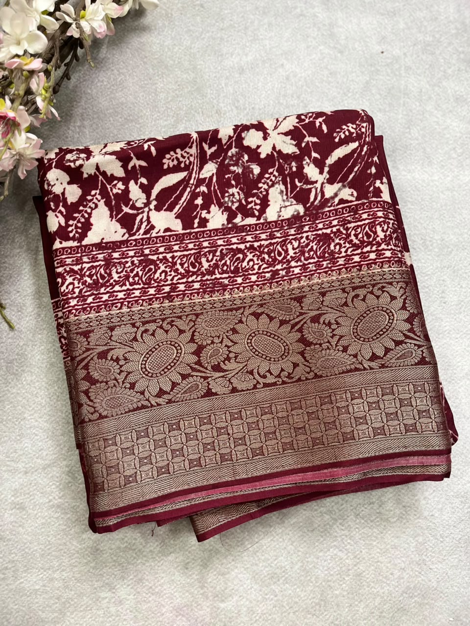 Maroon n white digital print crepe saree