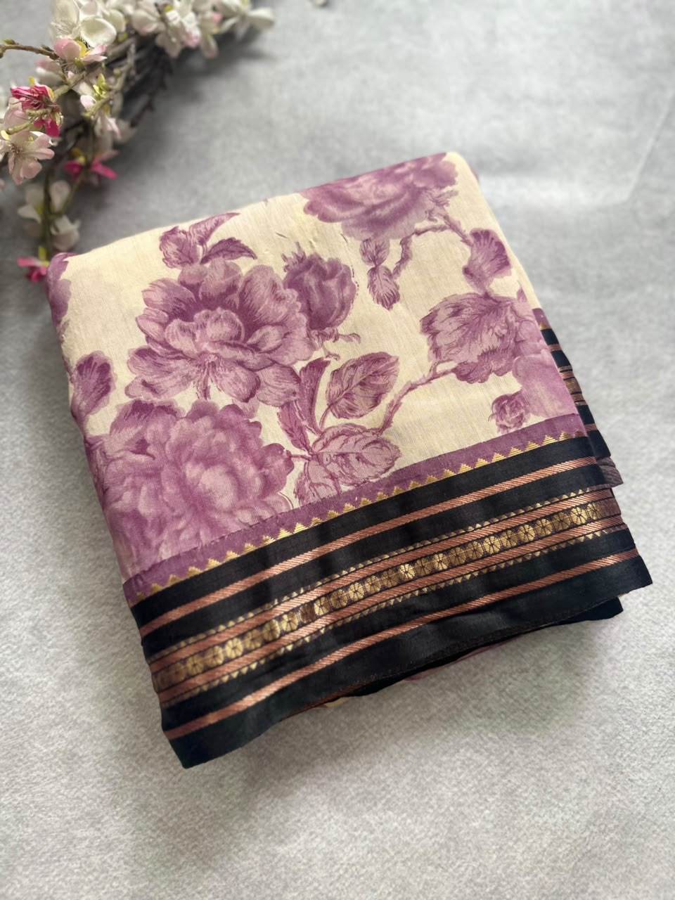 Cream n black crepe saree