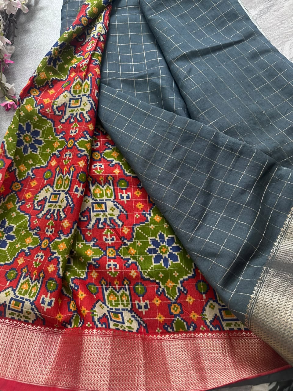 Grey n red tussar saree