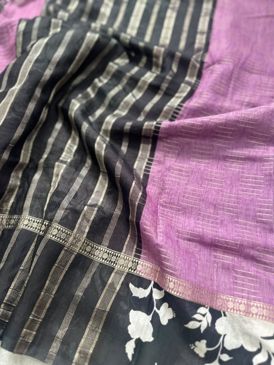 Purple n black  crepe saree