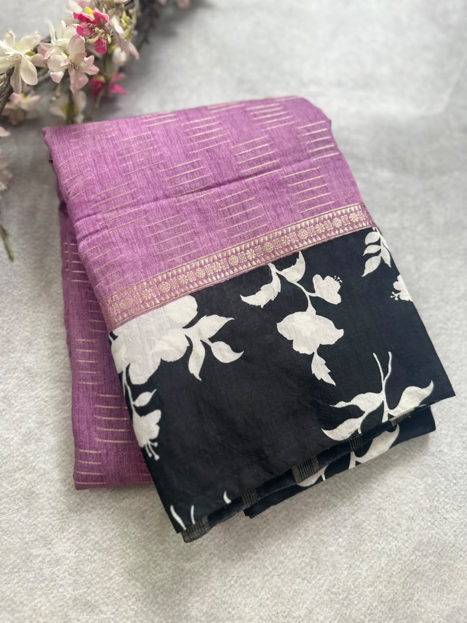 Purple n black  crepe saree