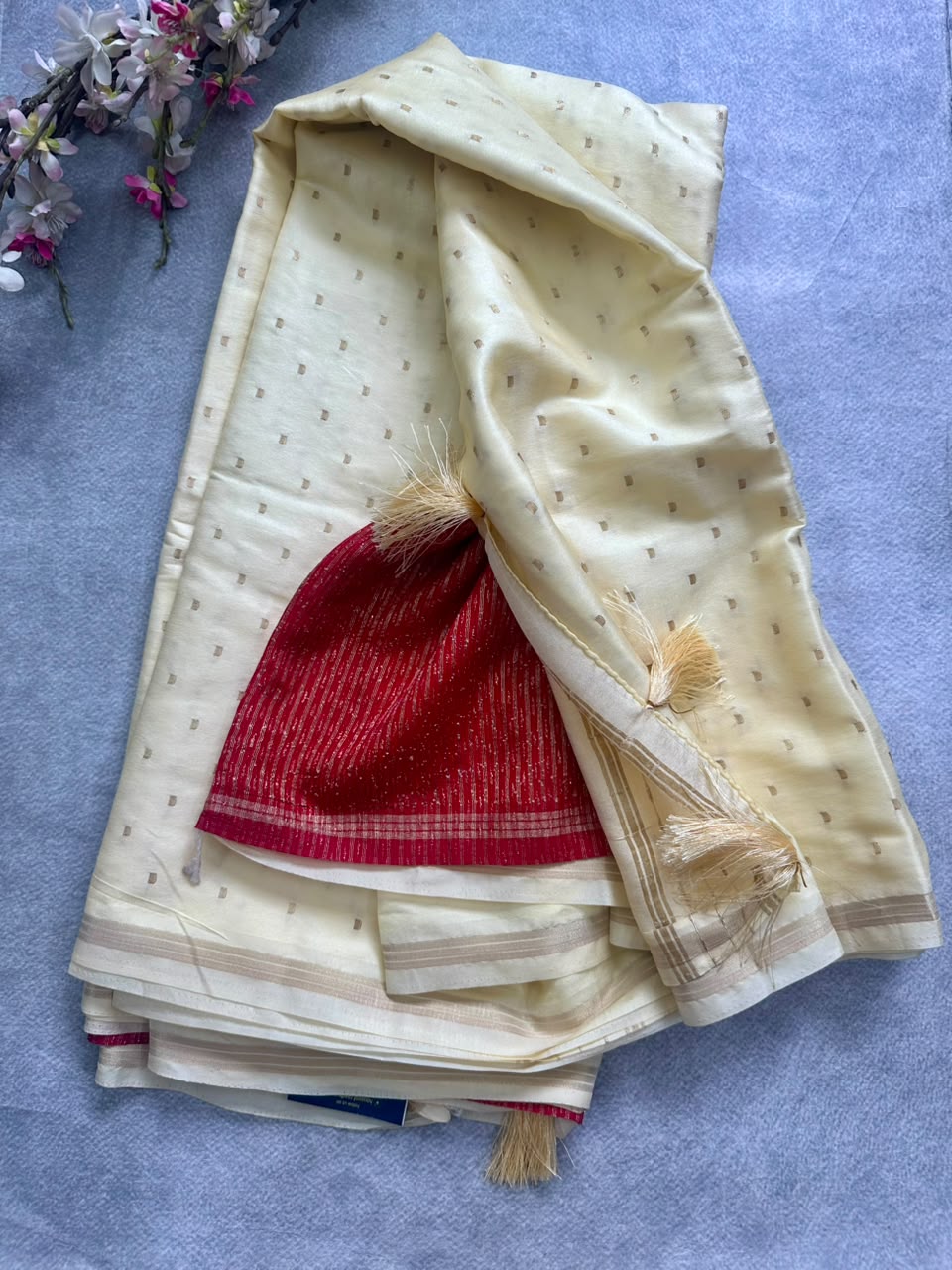 Cream n red crepe saree