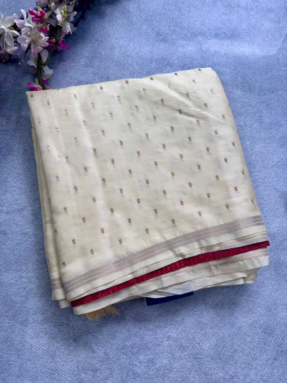 Cream n red crepe saree