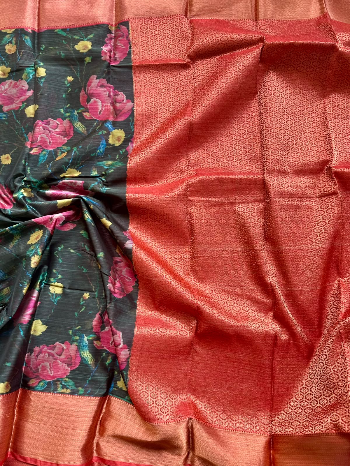 semi kanchi digital print green saree