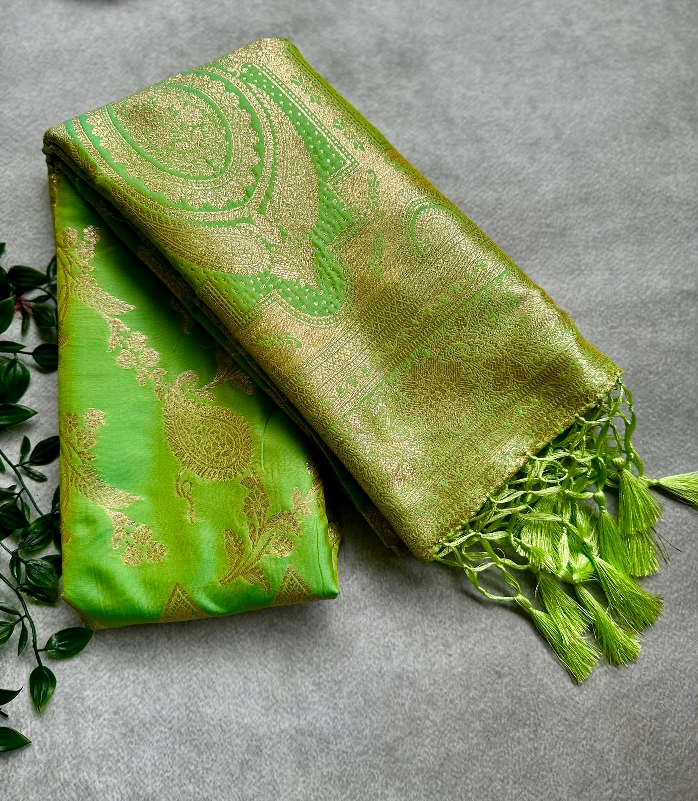 semi silk parrot green saree