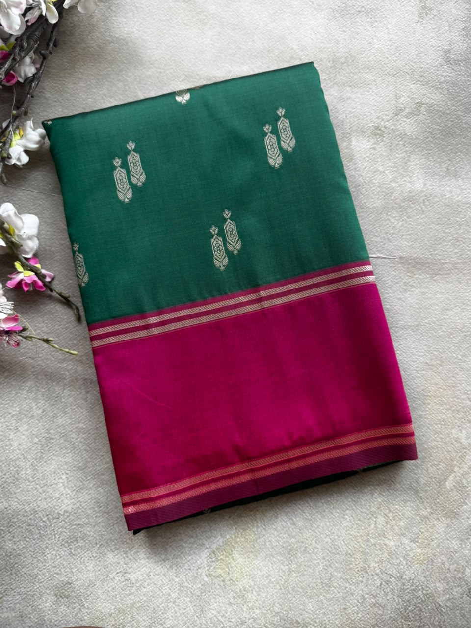 semi soft silk green n red saree