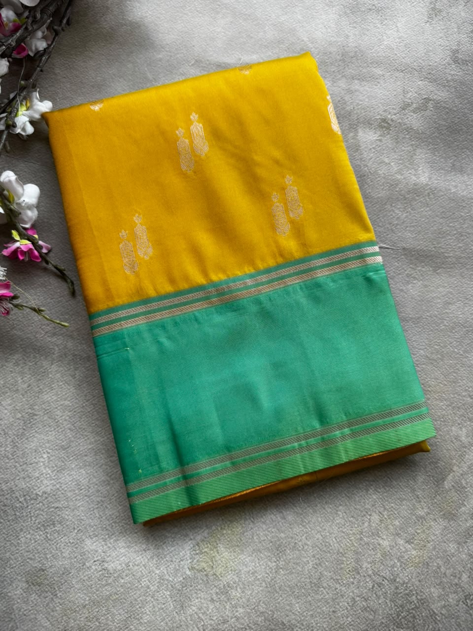 semi soft silk yellow n green saree