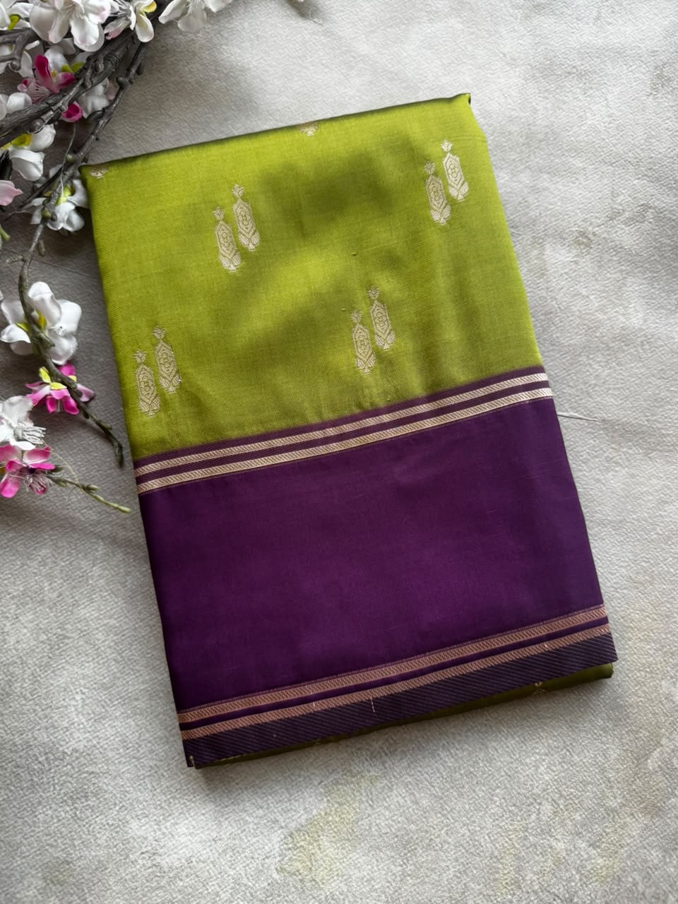 semi soft silk mehandi green n purple saree