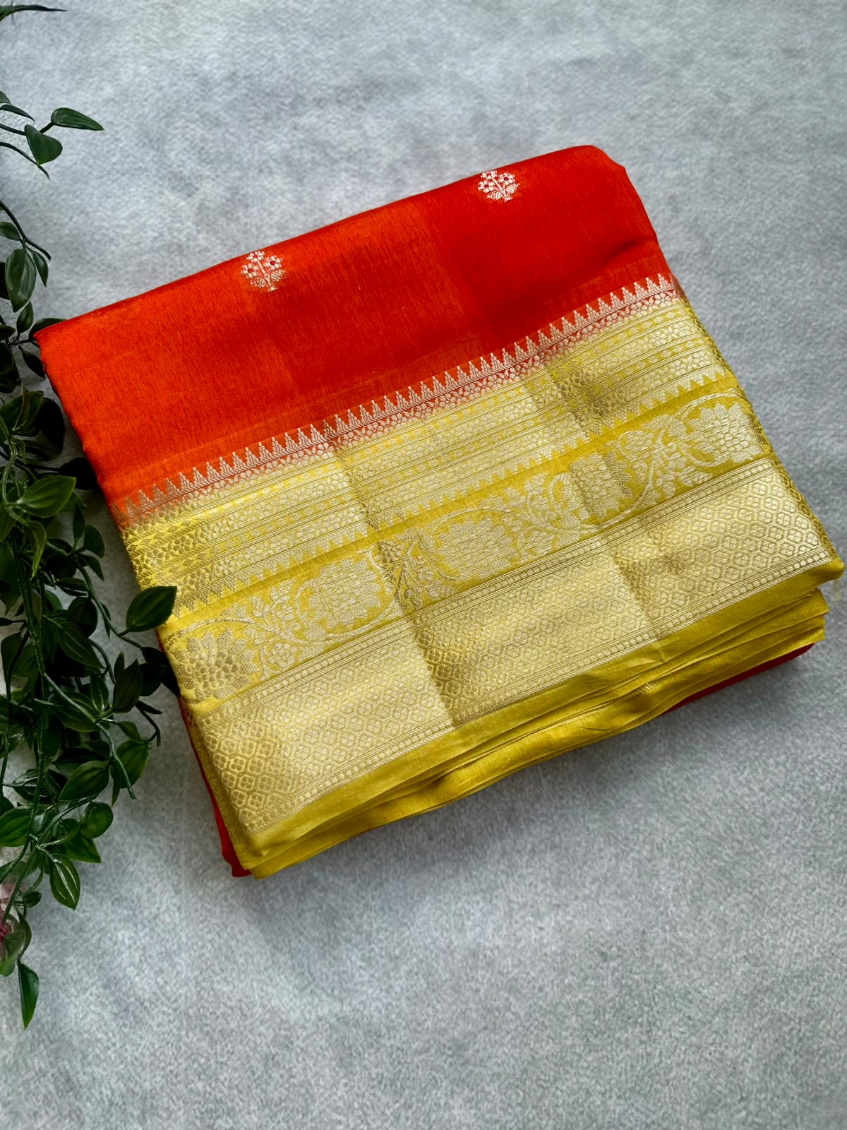 crepe silk orange n yellow saree