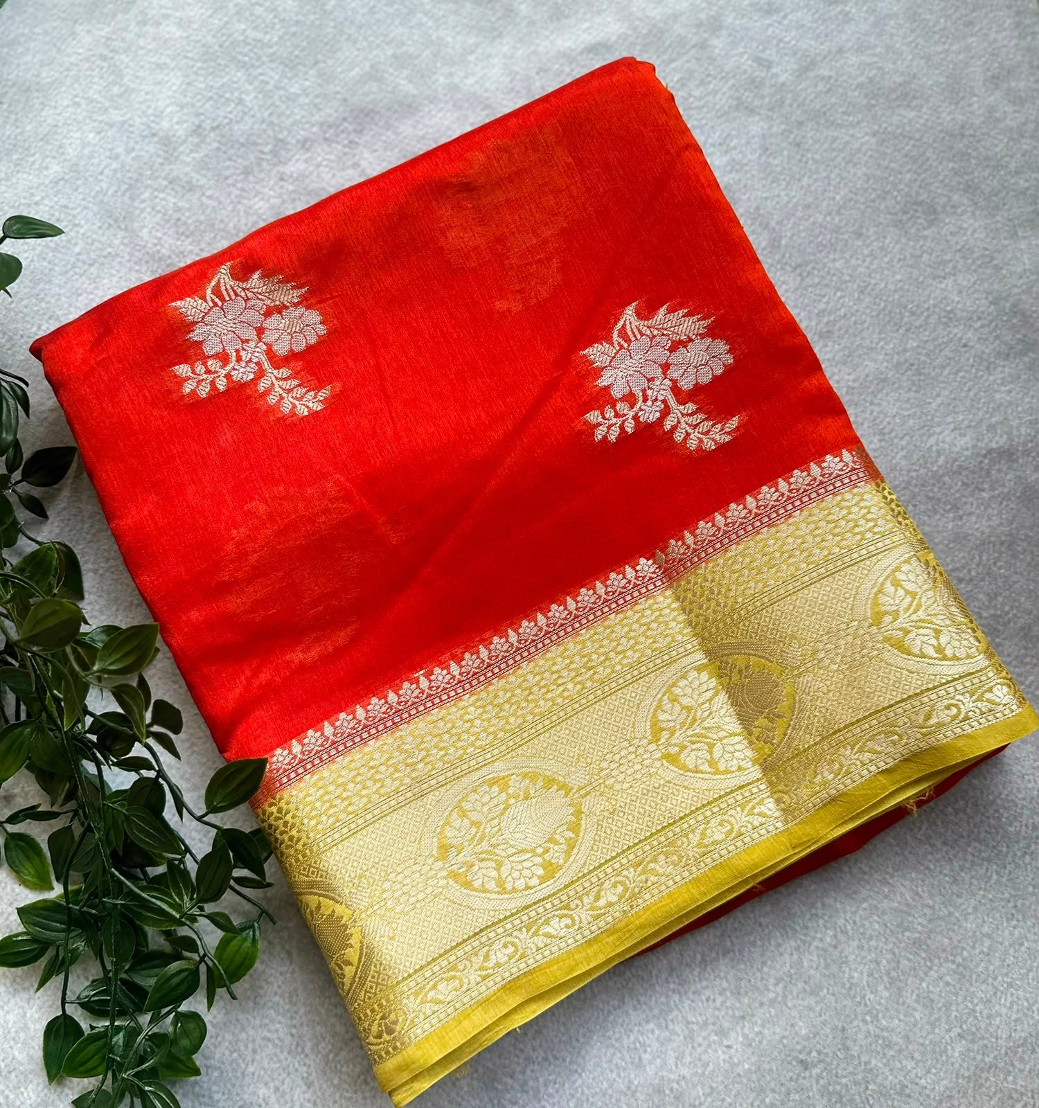 crepe silk orange n yellow saree