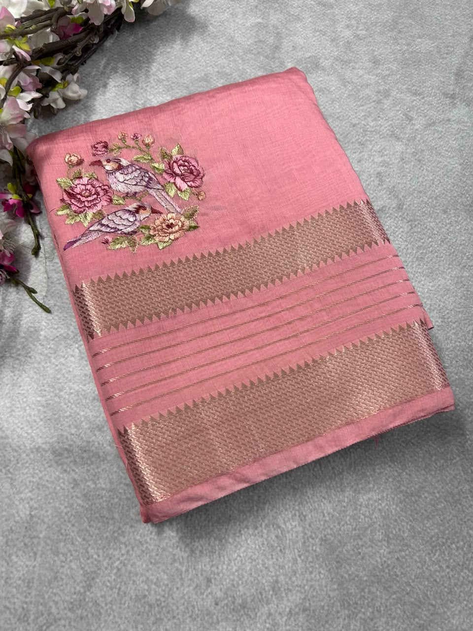 Peach embrodiery soft tussar crepe 102 saree