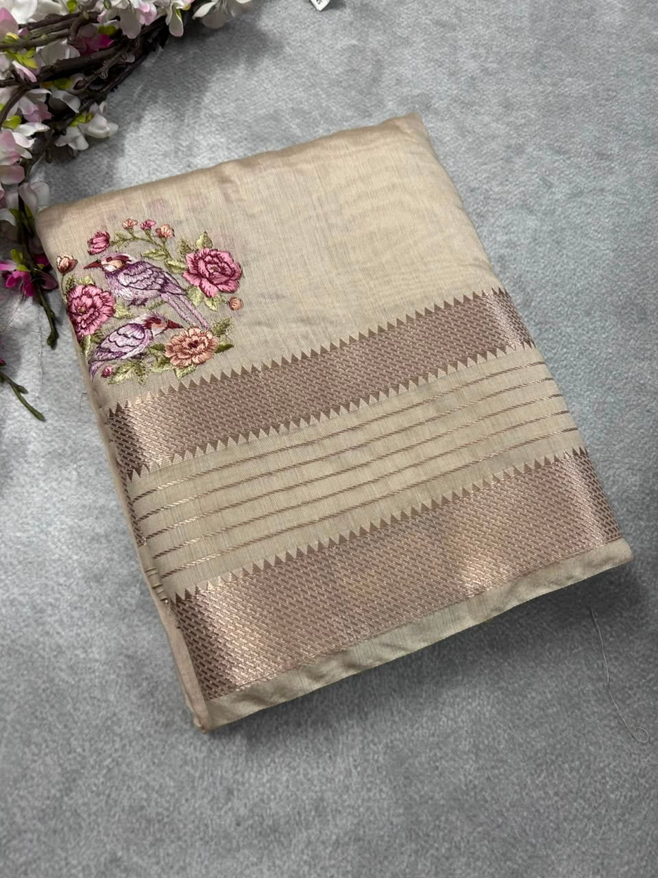 Cream embrodiery soft tussar crepe 102 saree