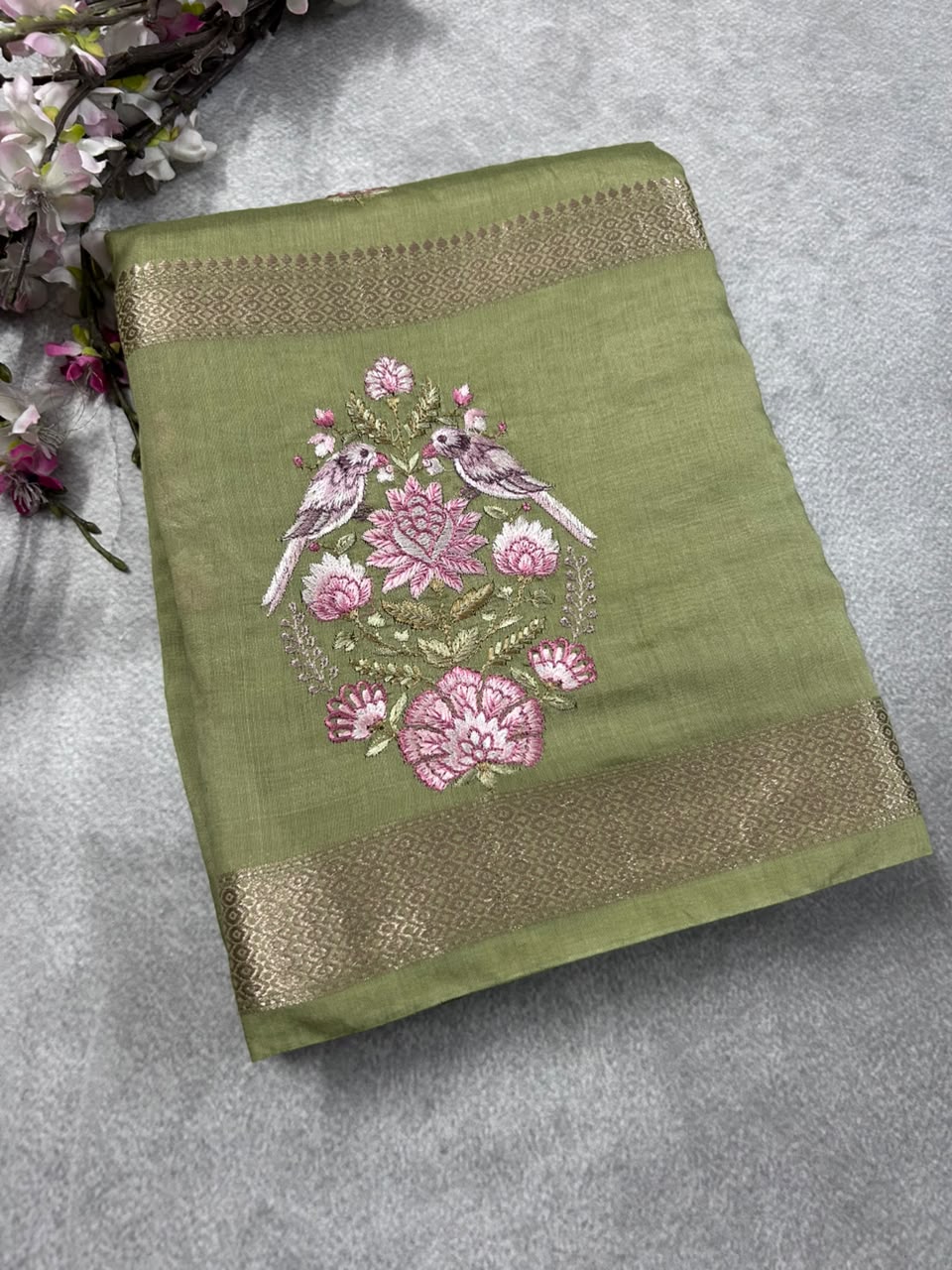 Pastel green embrodiery soft tussar crepe 102 saree
