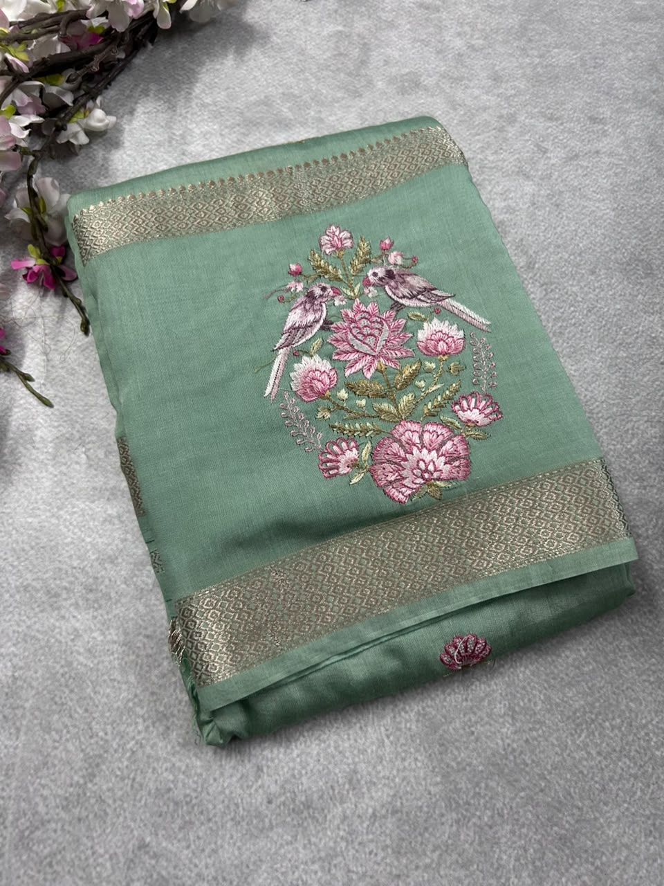 Pastel green embrodiery soft tussar crepe 102 saree