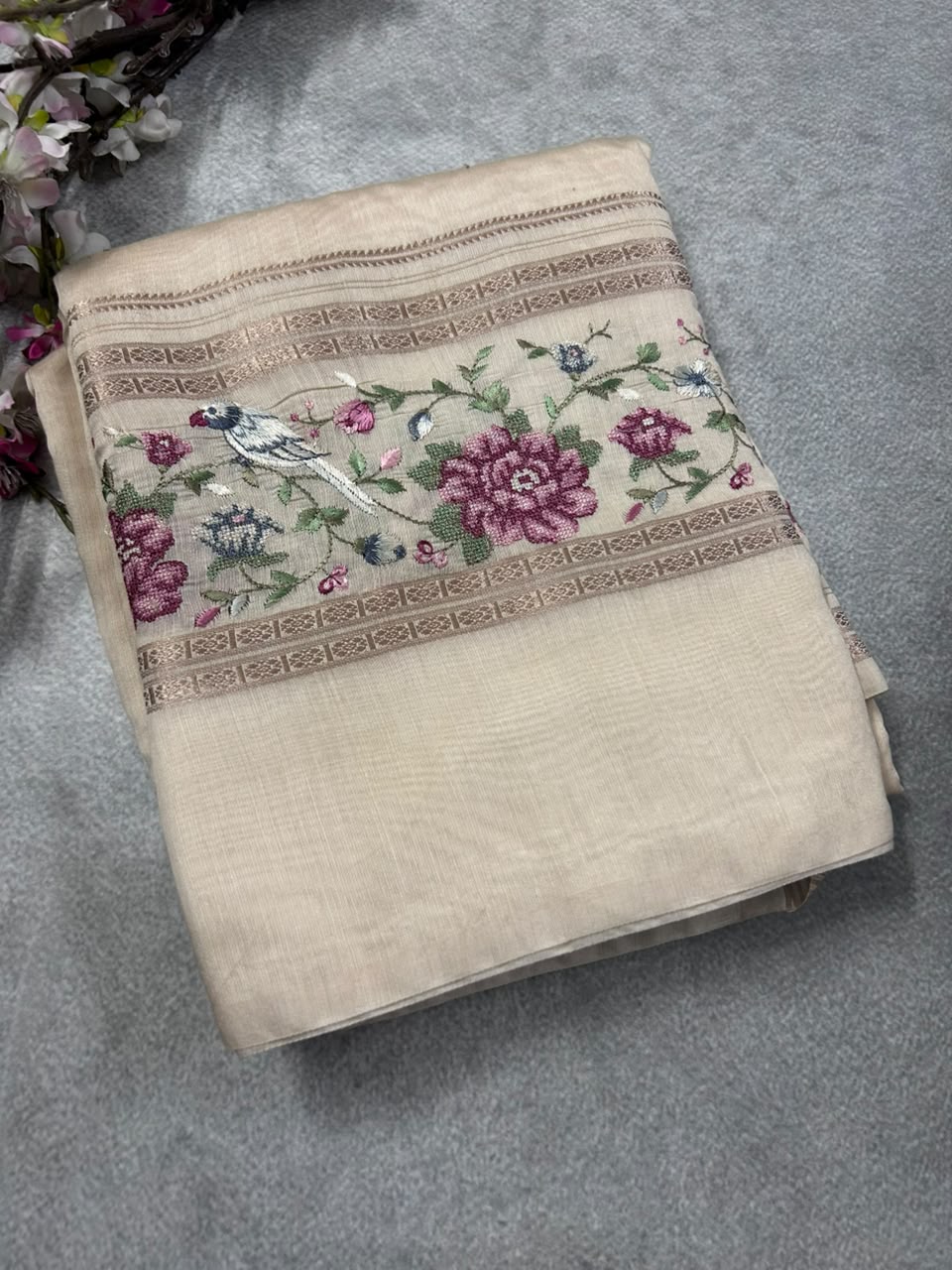 Cream embrodiery soft tussar crepe 102 saree