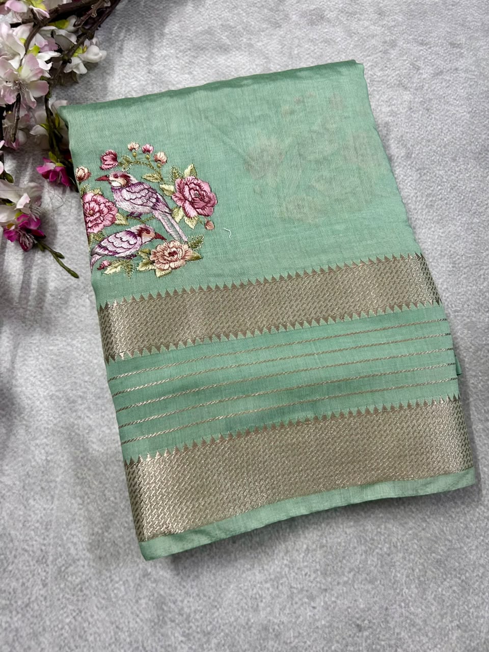 Pastel green embrodiery soft tussar crepe 102 saree
