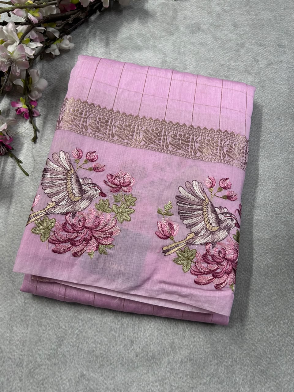 Pastel pink embrodiery soft tussar crepe 102 saree