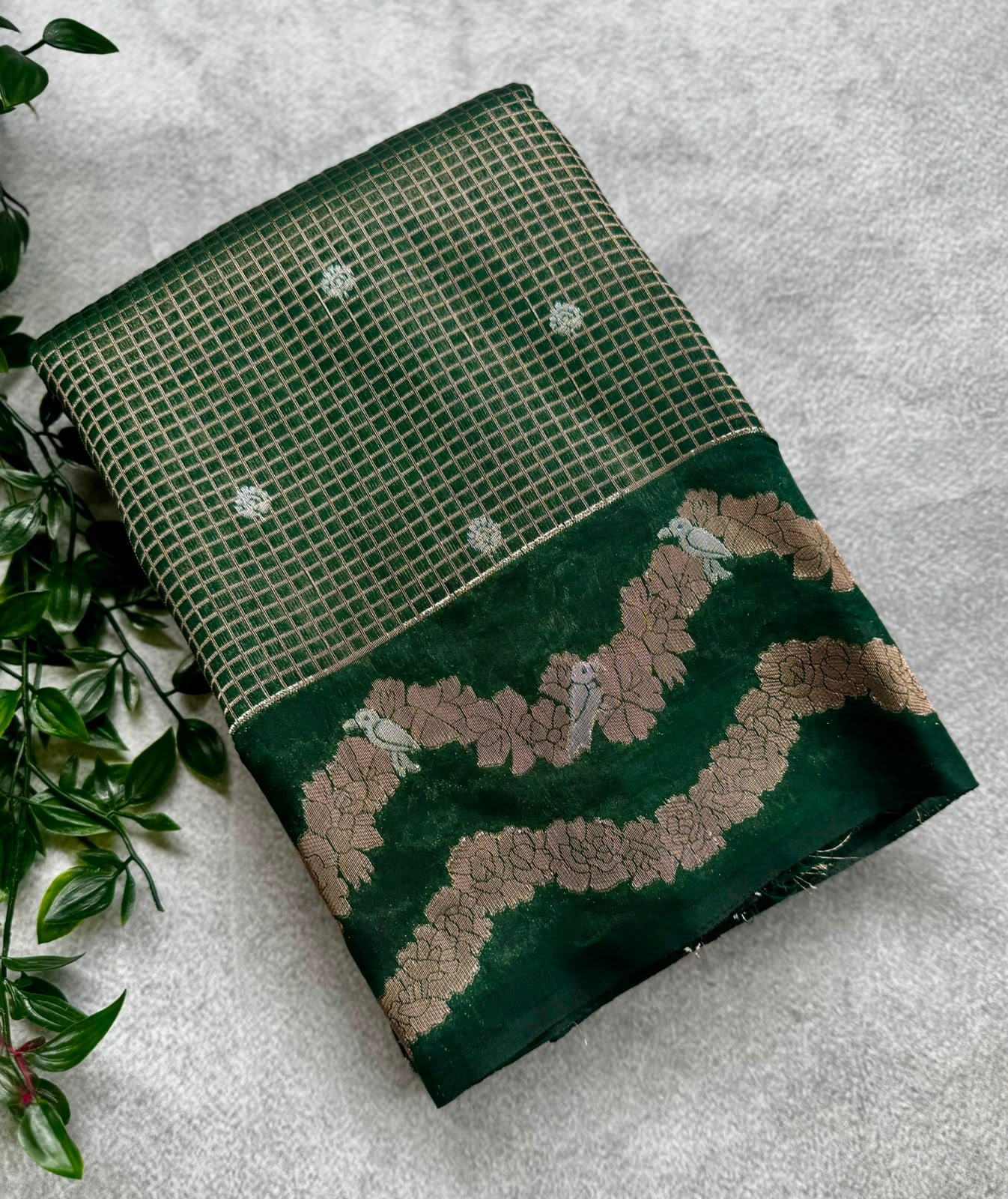 Dark green checks crepe saree