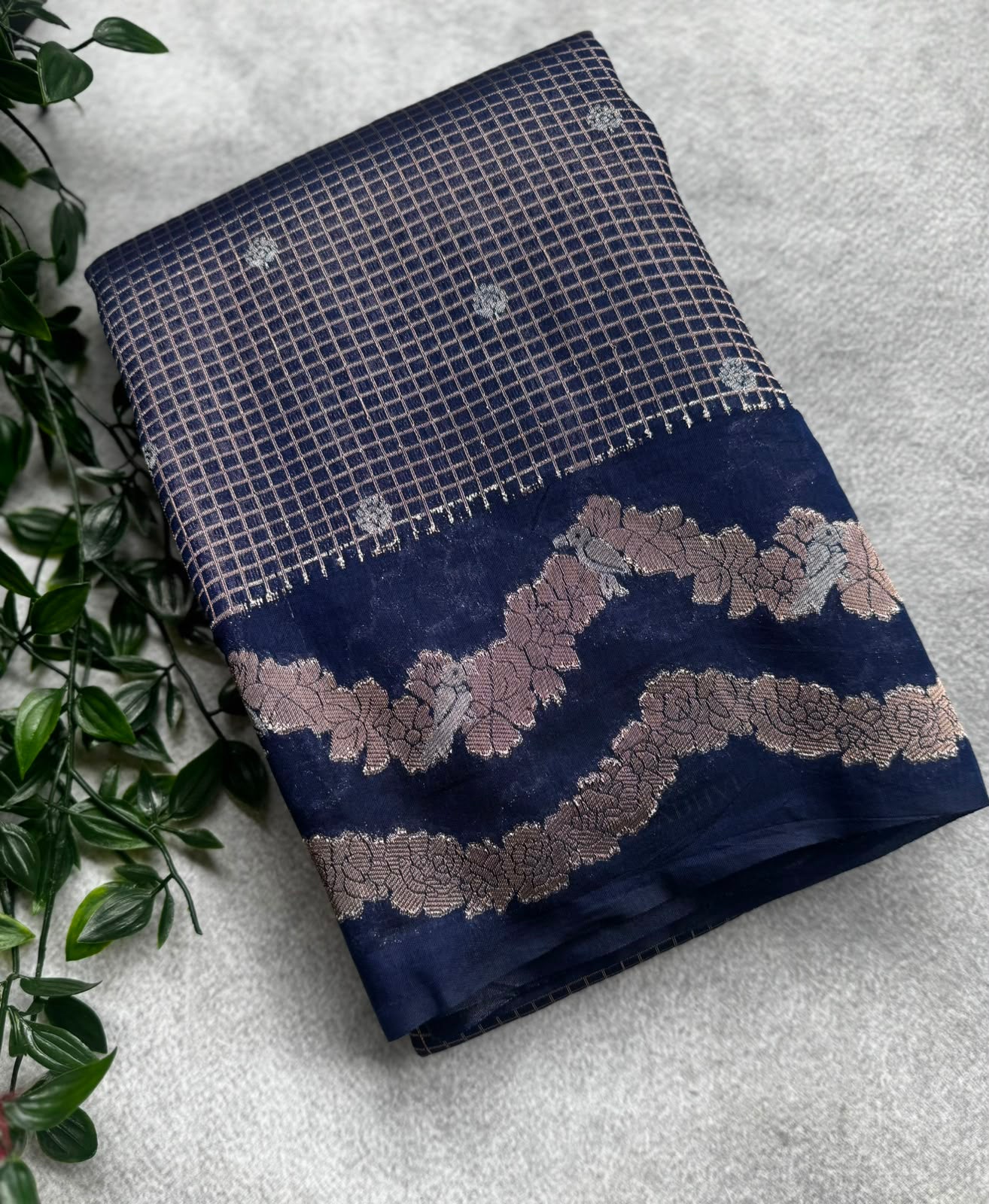 Navy blue checks crepe saree