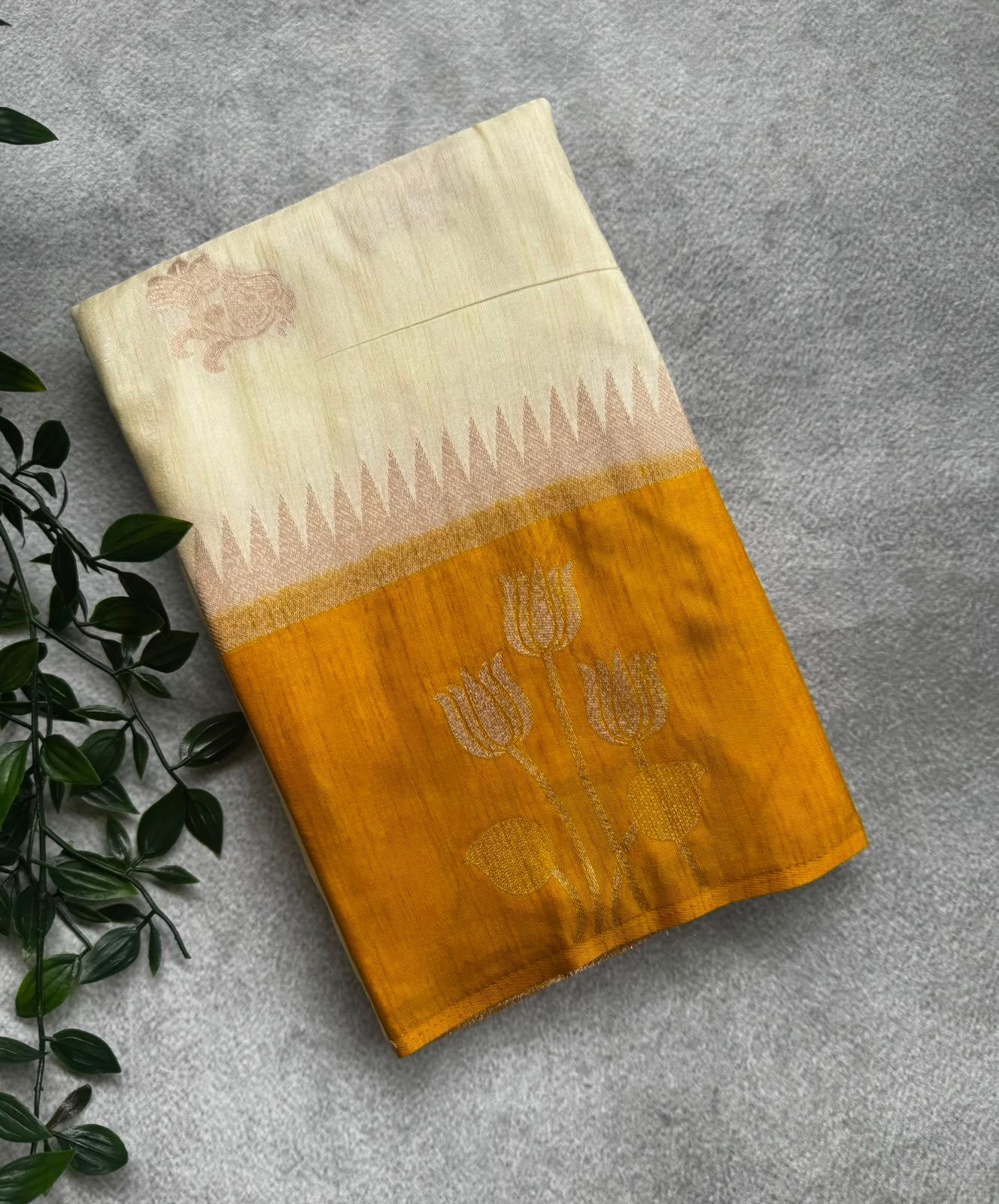 Cream n yellow butta crepe saree