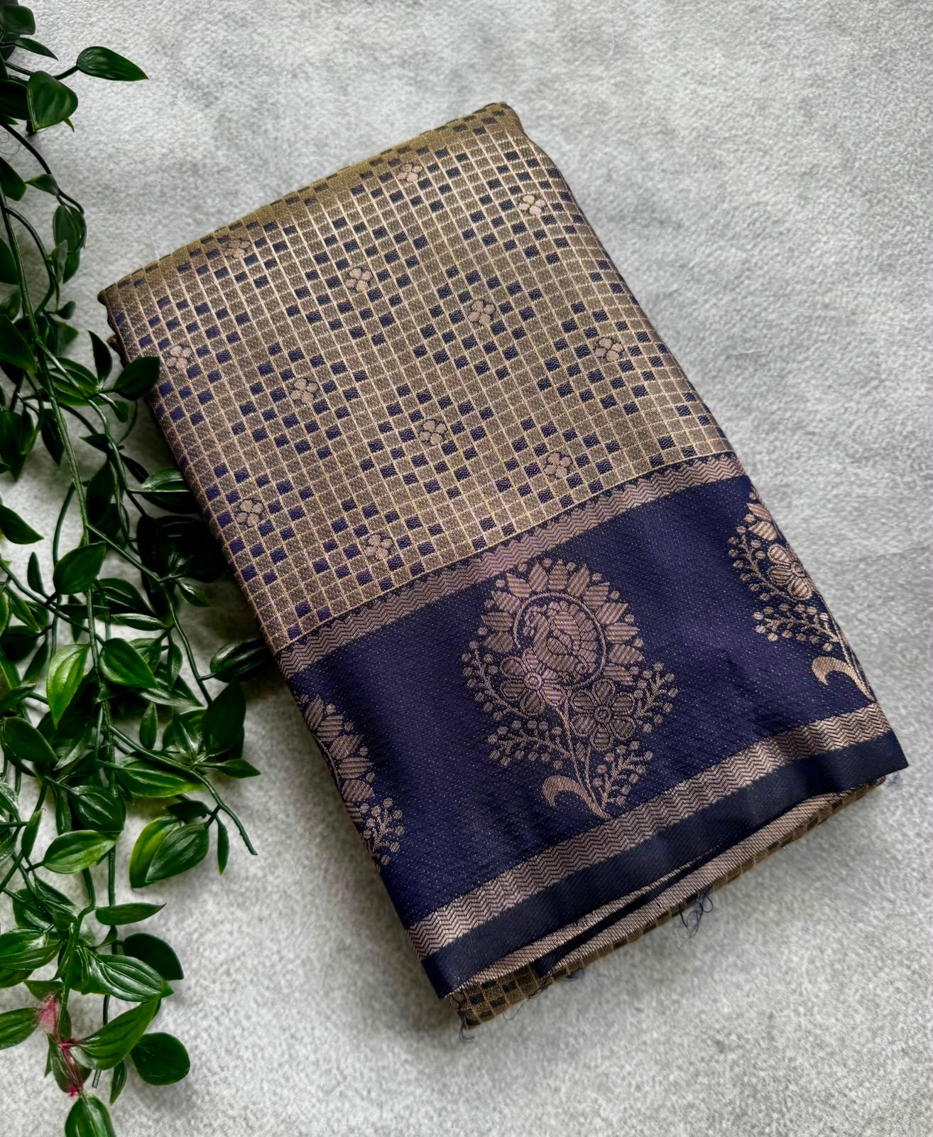 Gold n navy blue crepe saree