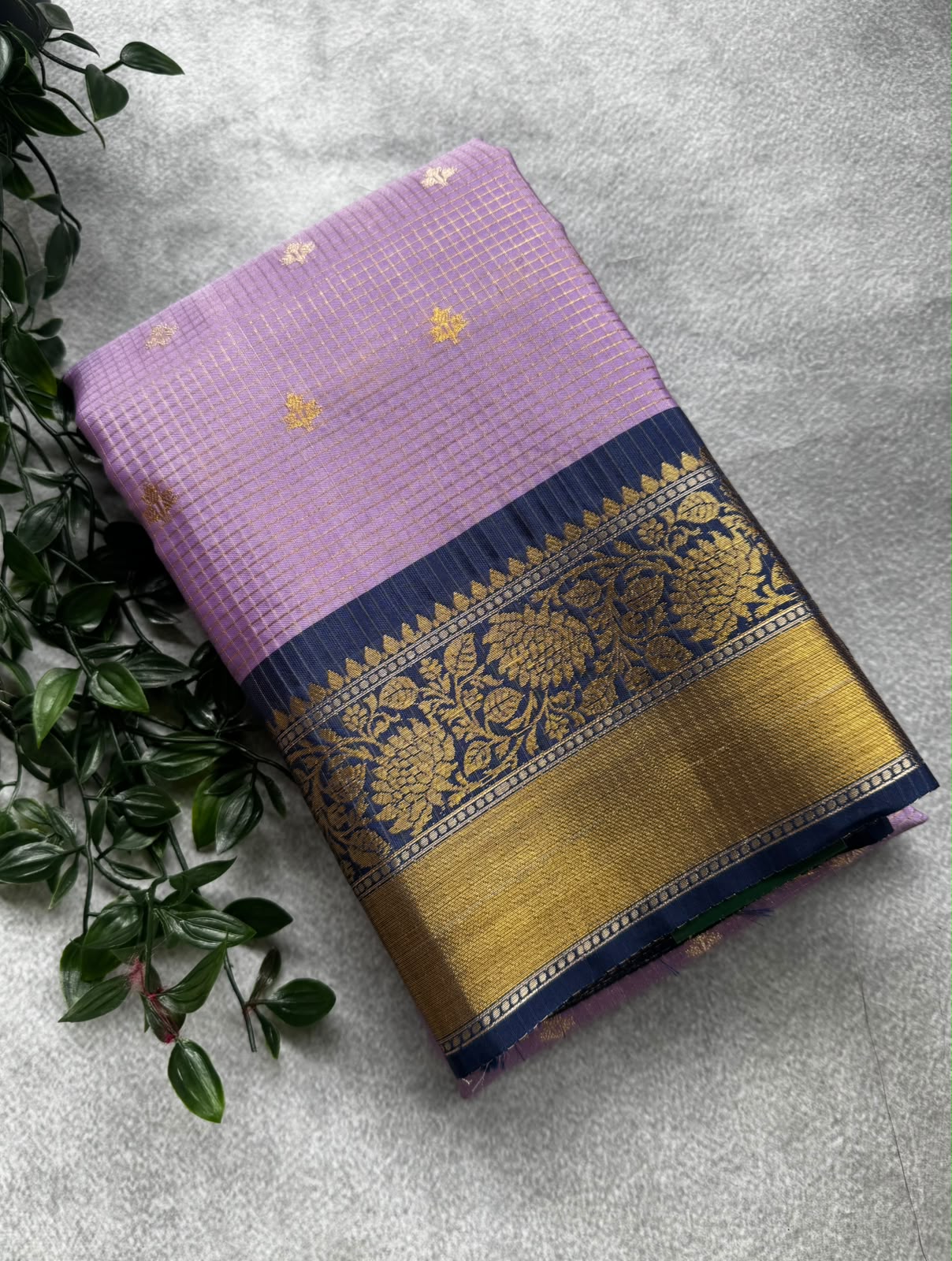 Lavender checks semi kanchi saree