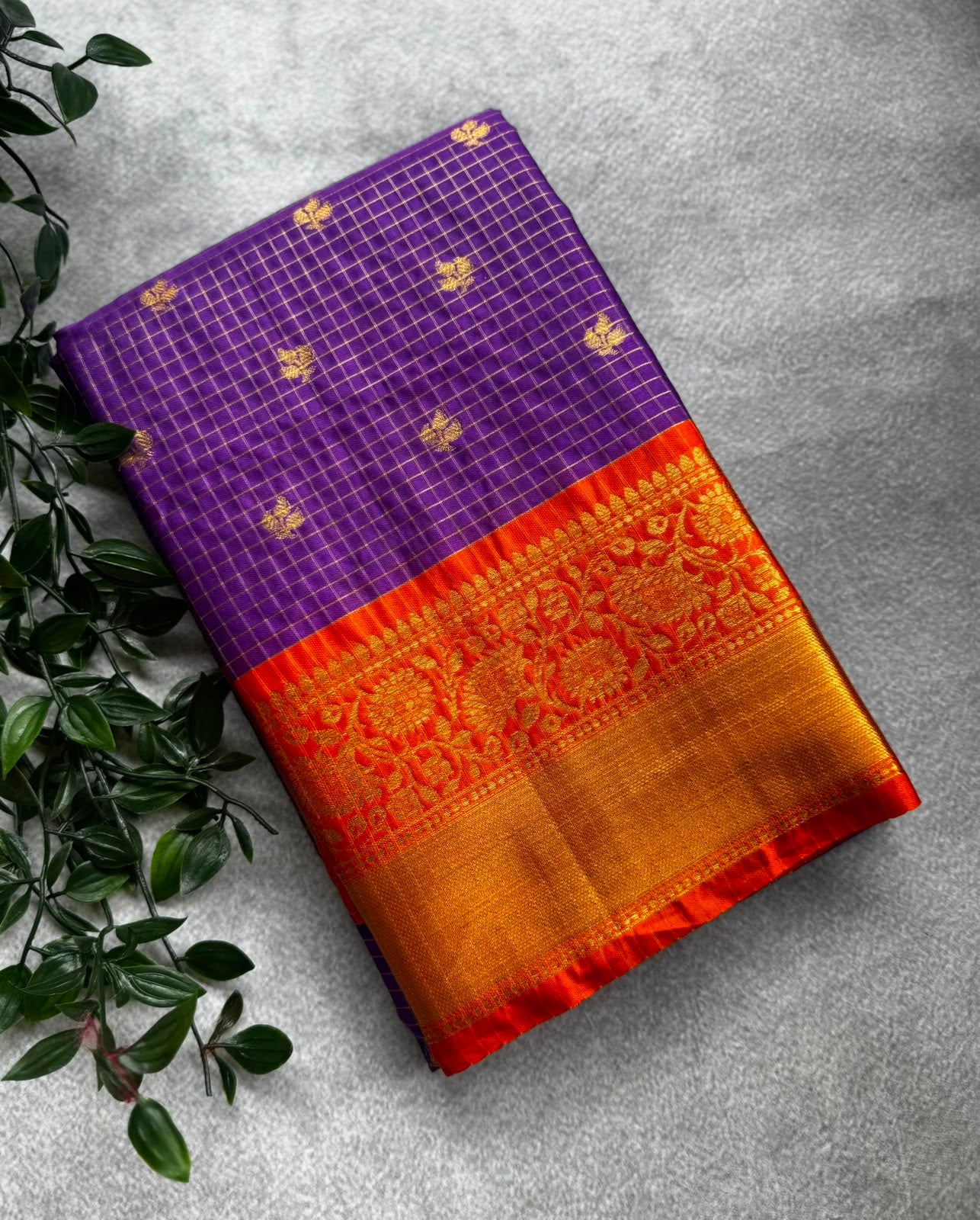 Purple checks semi kanchi saree