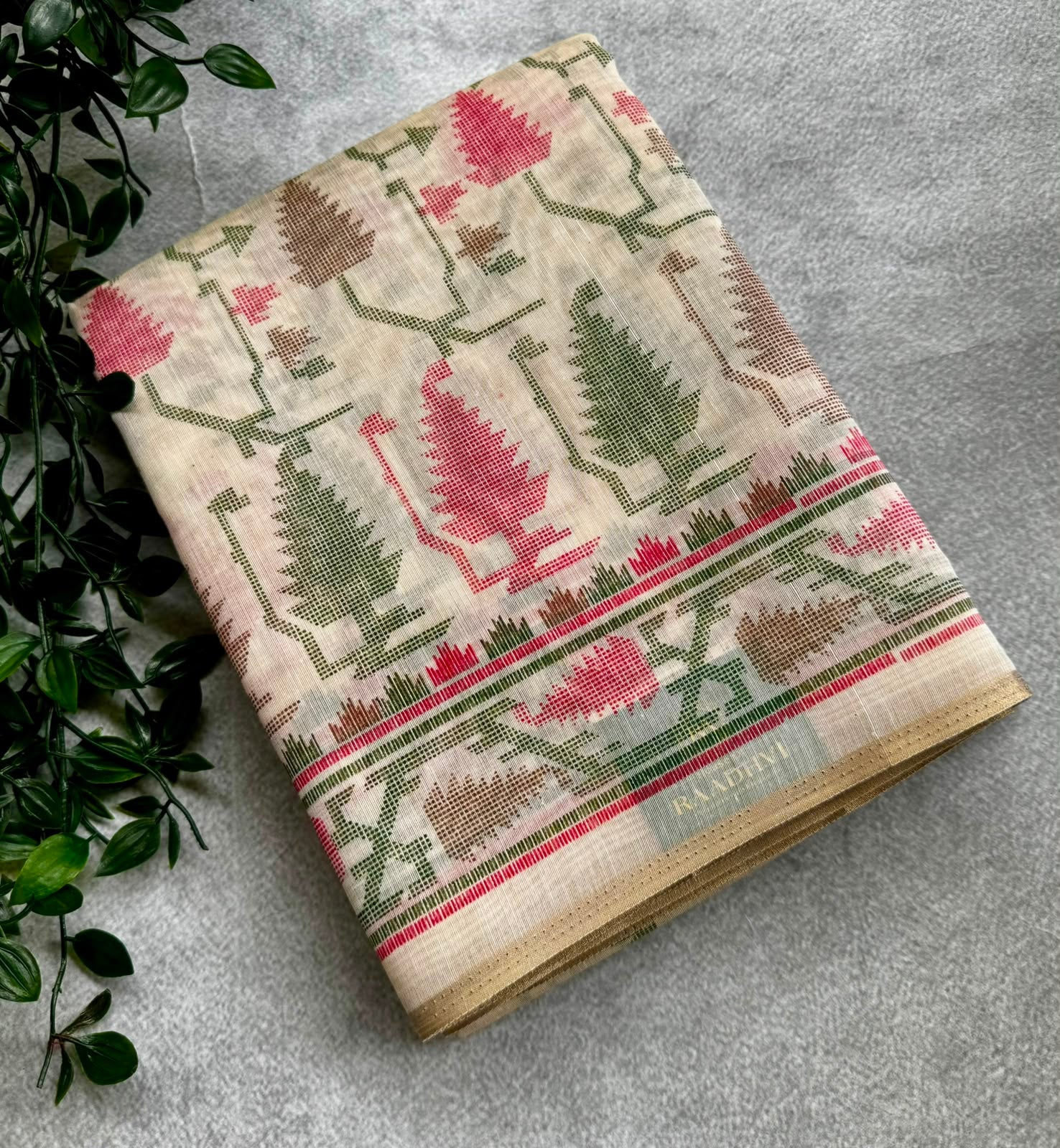 Cream cotton printed saree