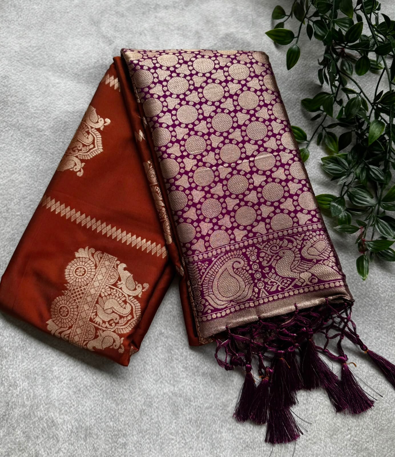 Brown n purple semi soft silk saree