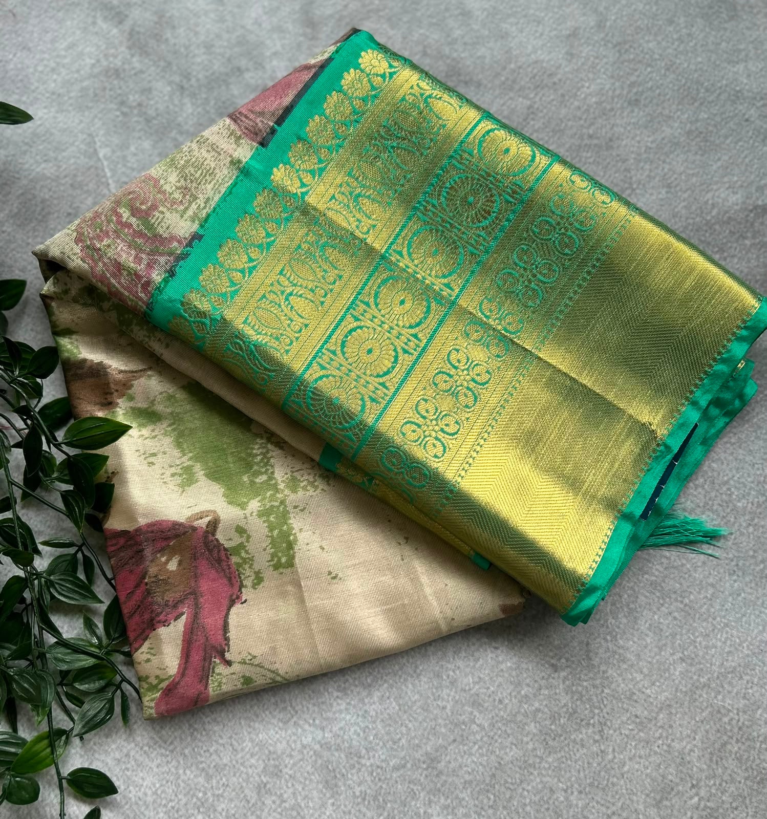 Cream printed tissue saree