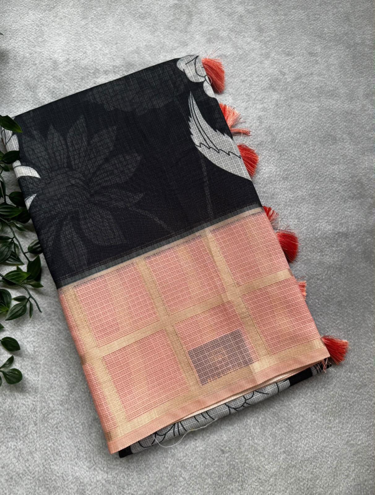 Black n peach kota checks saree
