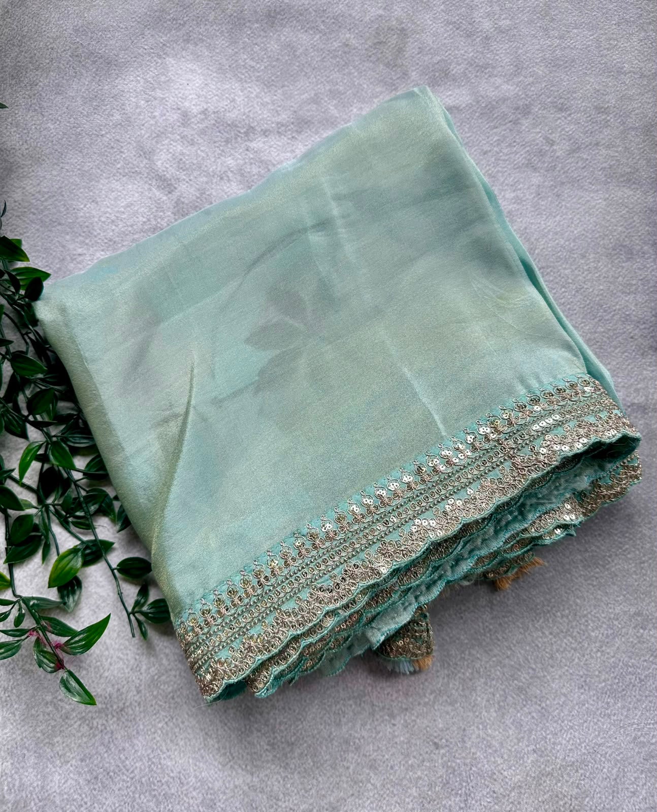 Pastel green  tissue scallop saree