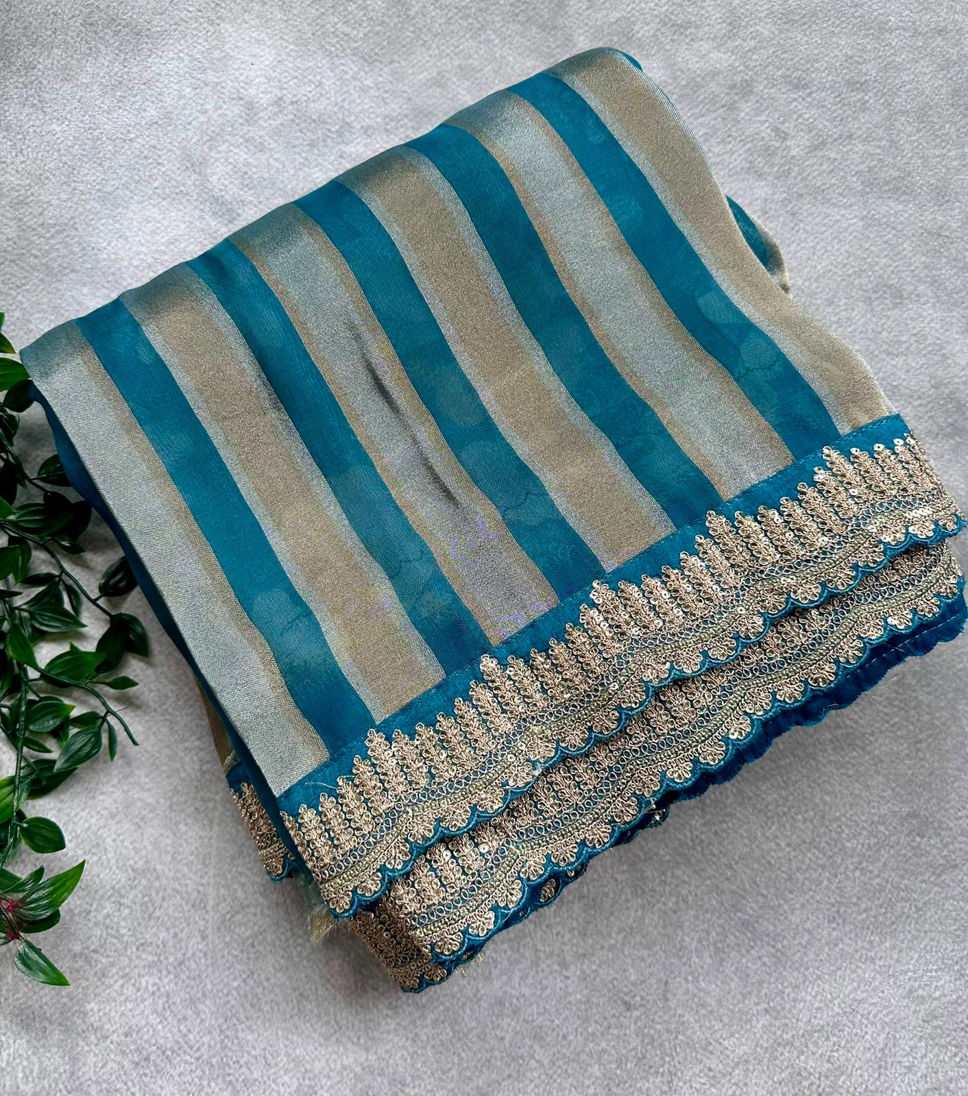 Blue organza tissue scallop saree