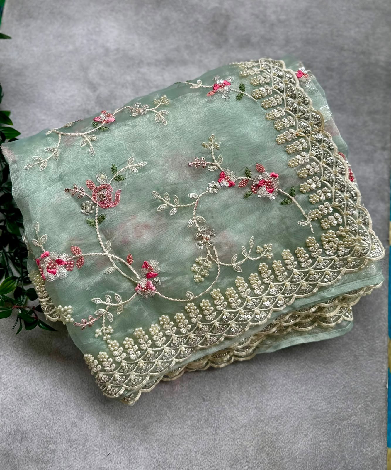 Pastel green tissue party wear saree