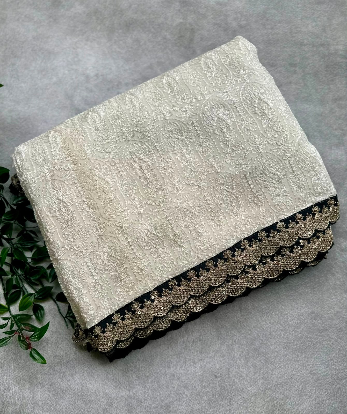 White n black crepe scallop saree