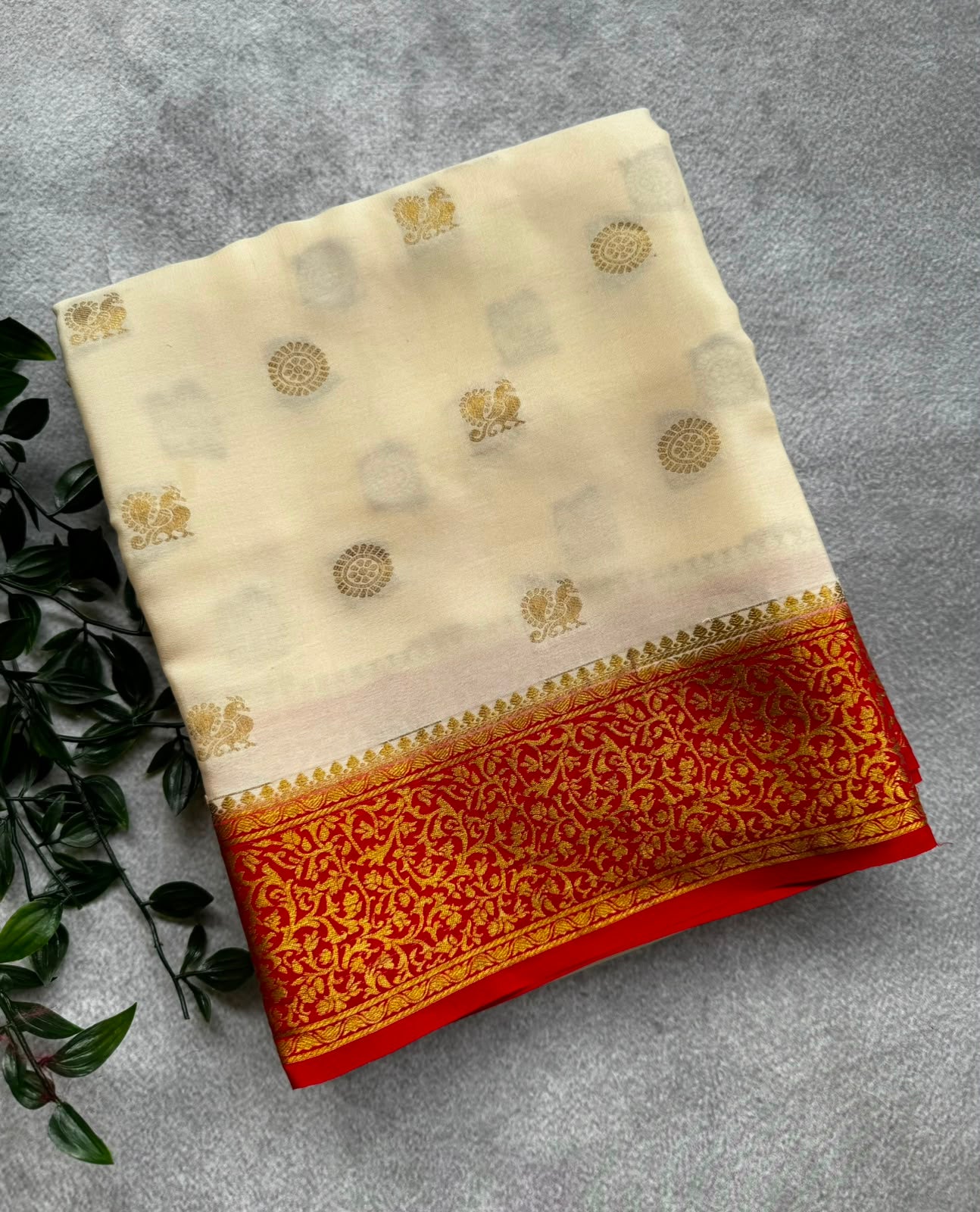 Cream pure mysore crepe silk saree