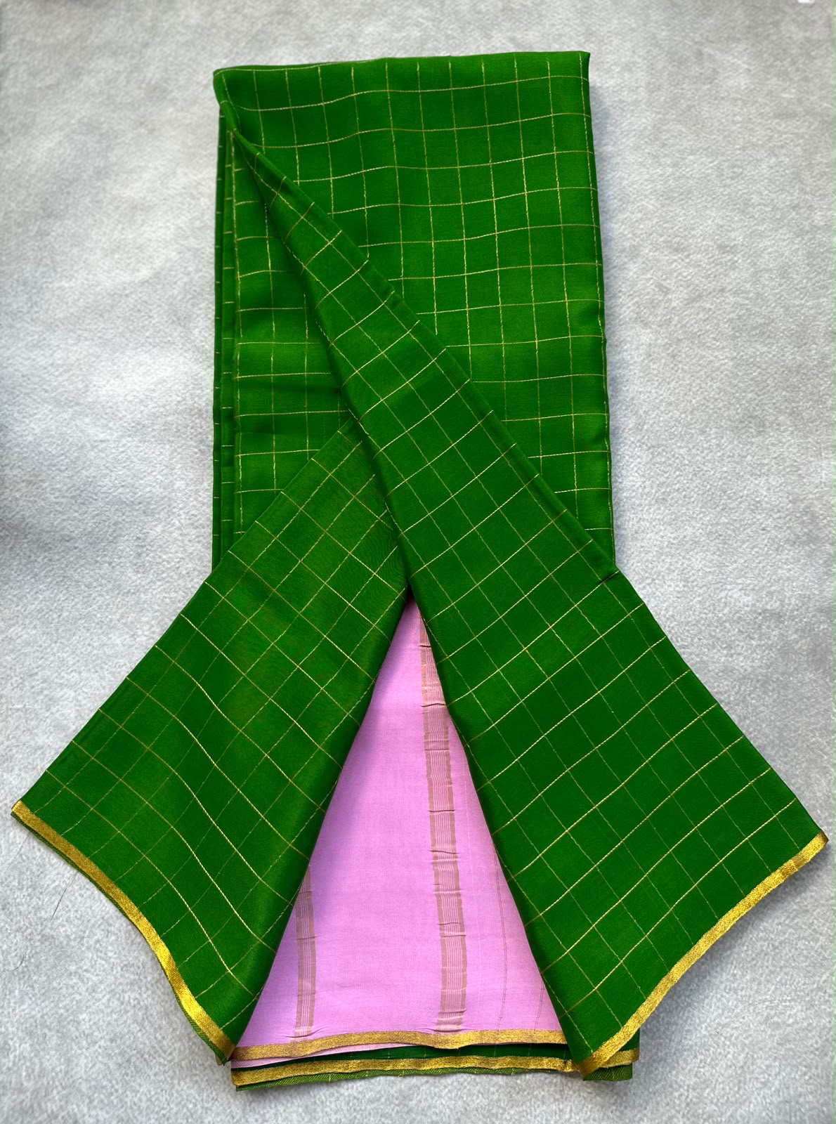 Green checks pure mysore crepe silk saree