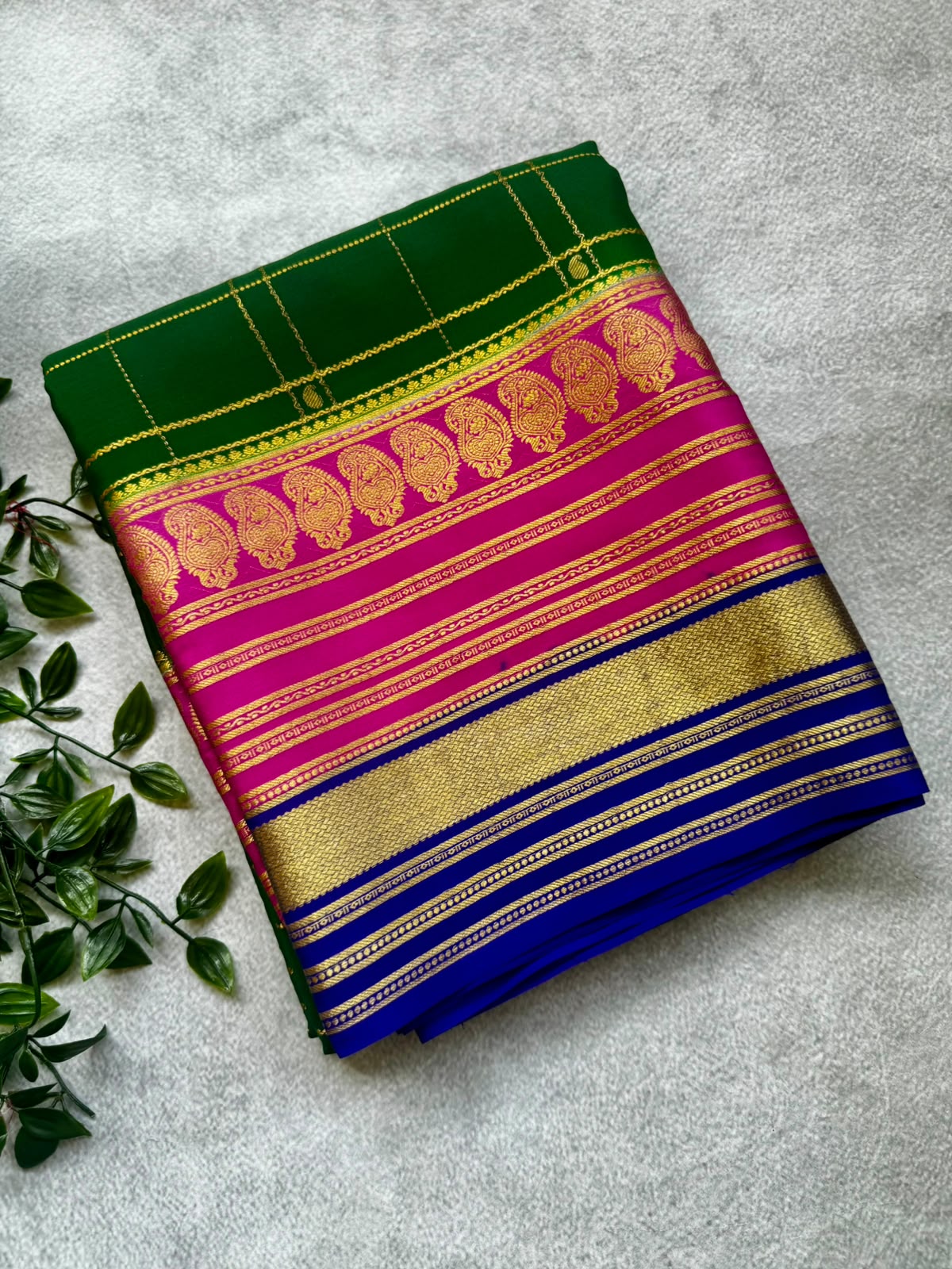 Bottle green checks pure mysore crepe silk saree