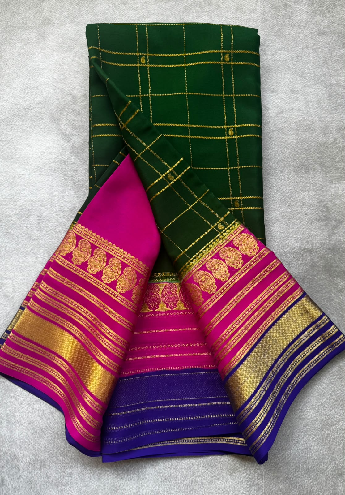 Bottle green checks pure mysore crepe silk saree
