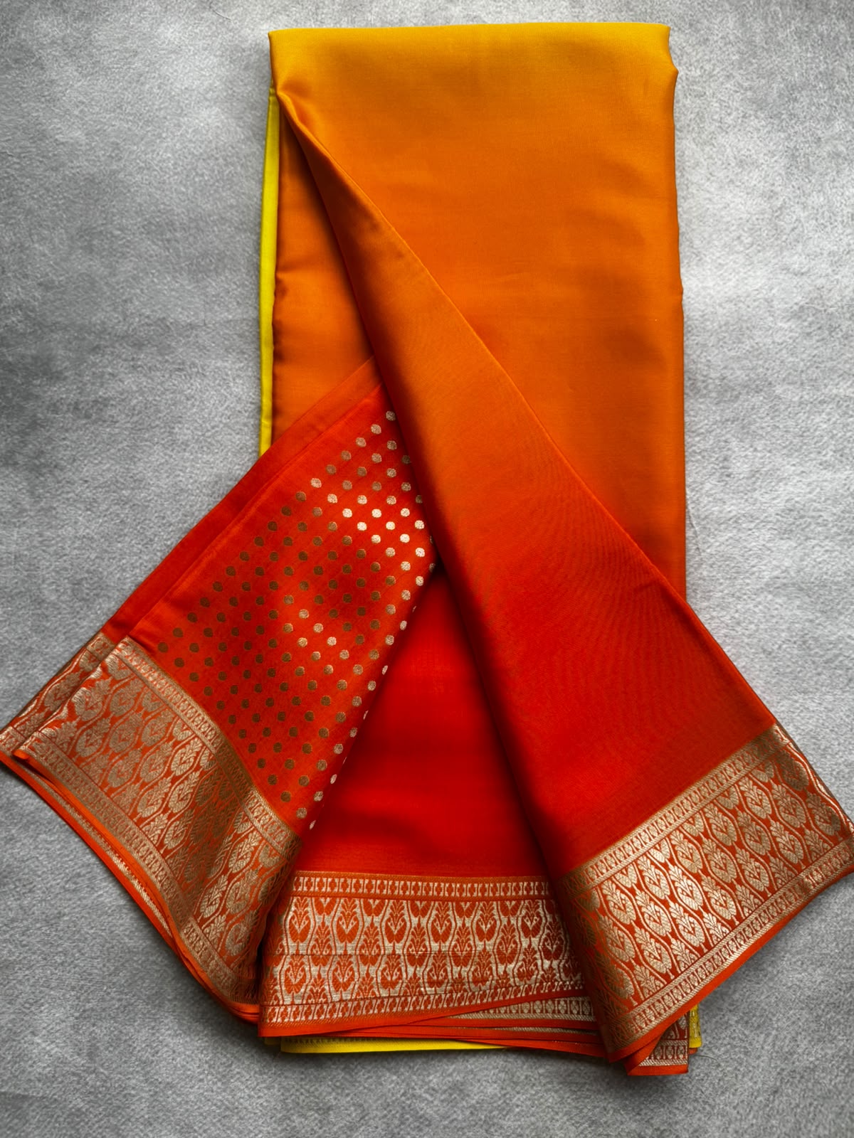 Orange n yellow ombre pure mysore crepe silk saree